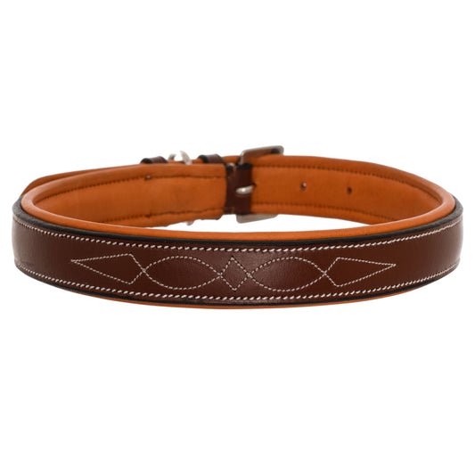 ExionPro Fancy Stitched Padded Leather Dog Collar - Conker Padding