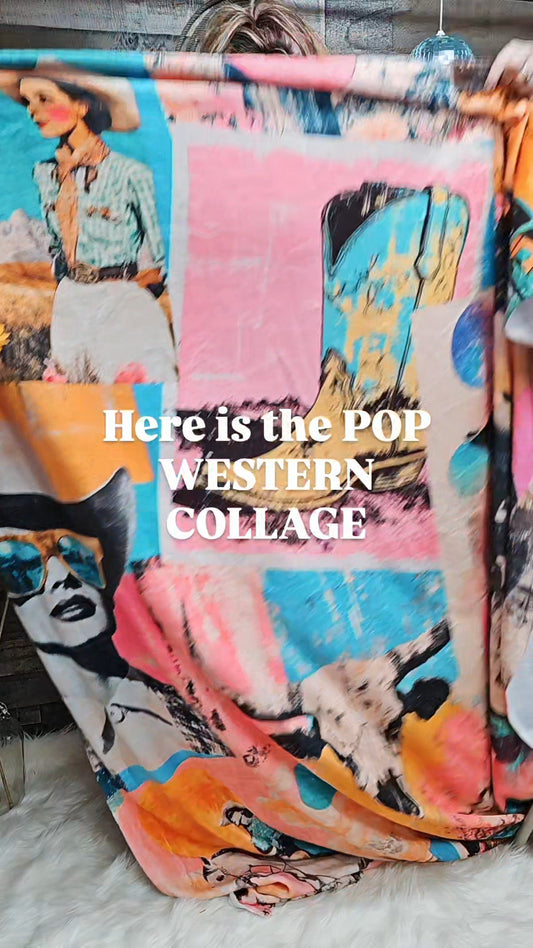 Baha Ranch Pop Western Retro Cowgirl Collage Throw Blanket 60" x 80" Made in America