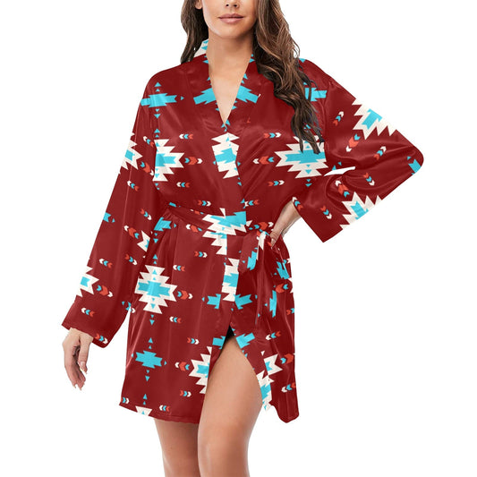 Baha Ranch Burgandy Aztec Women's Belted Satin Feel Dressing Lounge Robe