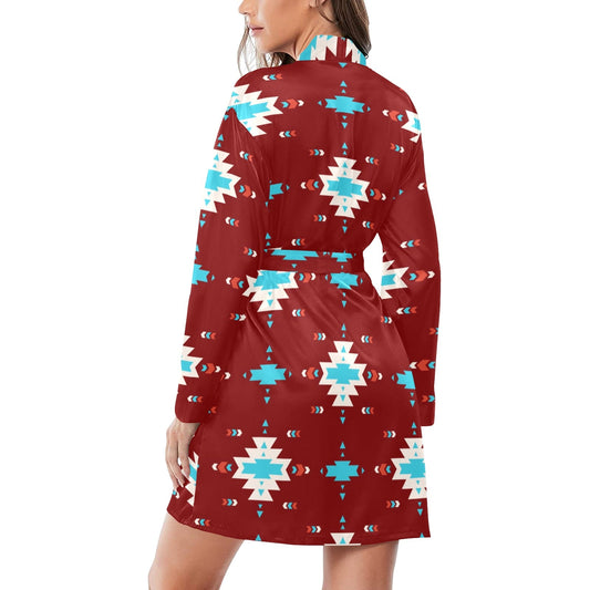 Baha Ranch Burgandy Aztec Women's Belted Satin Feel Dressing Lounge Robe
